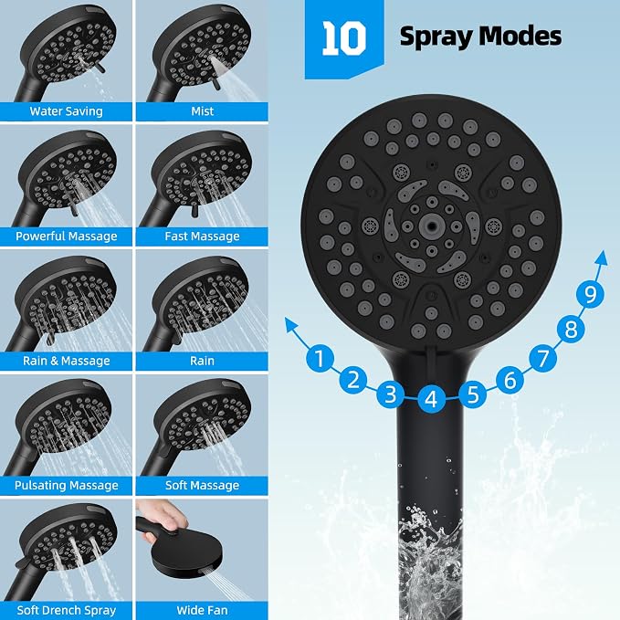 Hibbent All Metal CUPC Certified Shower Head, 10'' High Pressure Rainfall Shower Head, Handheld Showerhead Combo with 12'' Adjustable Extension Arm, 10-Spray, 71'' Hose, Shower Holder, Matte Black