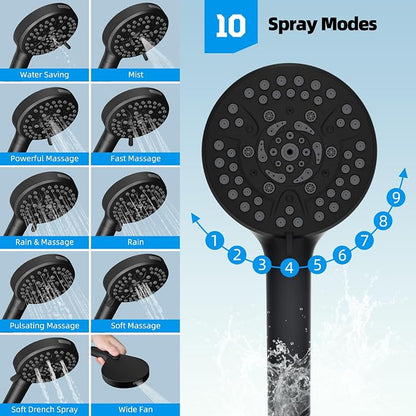 Hibbent All Metal CUPC Certified Shower Head, 10'' High Pressure Rainfall Shower Head, Handheld Showerhead Combo with 12'' Adjustable Extension Arm, 10-Spray, 71'' Hose, Shower Holder, Matte Black
