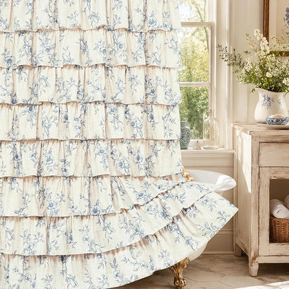 Yinhua Farmhouse Ruffle Shower Curtains with Blue Floral, 72" Wx72 L | French Country Vintage Rustic Washable Waterproof Shower Curtain for Bathroom Bathtub, 12 Metal Hooks