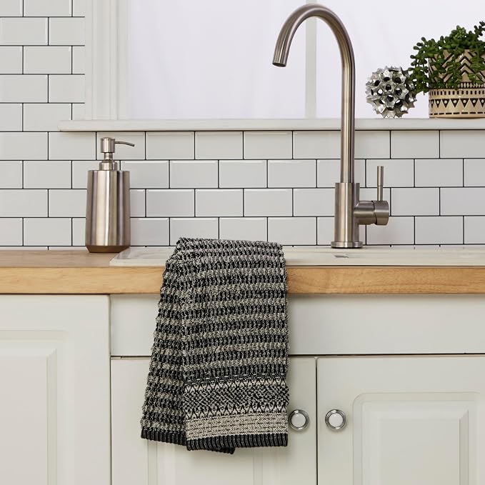 SKL Home Lewis Hand Towel Set-2pc, Premium 100% Cotton, Black | 600 GSM weight. Spa-level quality. Soft & absorbent textured jacquard. For the bathroom, kitchen, bar or any sink space.
