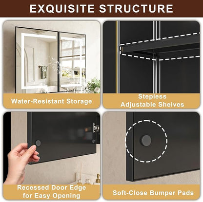36 x 30 Inch LED Medicine Cabinet with Mirror, Recessed or Surface Mount, Soft Close Hinges, Adjustable Shelves, Black