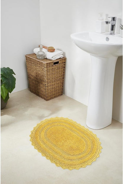 Better Trends Lilly Crochet 20x32 Oval Bath Rugs & Reversible Bath Rugs, Bath mats for Bathroom, Luxurious 100% Cotton Bath Rug & Water Absorbent Bathroom Mat- Yellow Bath Matt