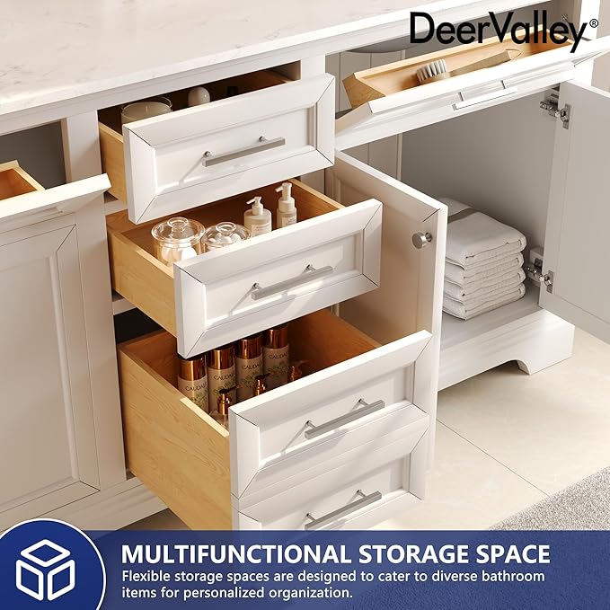DeerValley 72'' Bathroom Vanity with Double Sink Top, Pre-Assembled Modern Wood Bathroom Cabinet Sink Combo with Backsplash, Soft Closing Doors, Multifunctional Storage Space Vanity (White)