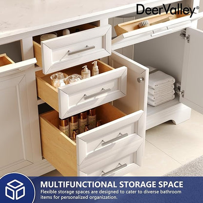 DeerValley 72'' Bathroom Vanity with Double Sink Top, Pre-Assembled Modern Wood Bathroom Cabinet Sink Combo with Backsplash, Soft Closing Doors, Multifunctional Storage Space Vanity (White)