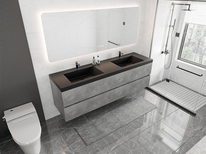 72 Inch Floating Bathroom Vanity with Double Sink, Modern Grey Wall Mounted Floating Vanity with Scratch-Resistant Quartz Sand Basin and 4 Soft Closing Drawers, Pre Assembled Bathroom Vanity
