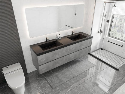 72 Inch Floating Bathroom Vanity with Double Sink, Modern Grey Wall Mounted Floating Vanity with Scratch-Resistant Quartz Sand Basin and 4 Soft Closing Drawers, Pre Assembled Bathroom Vanity