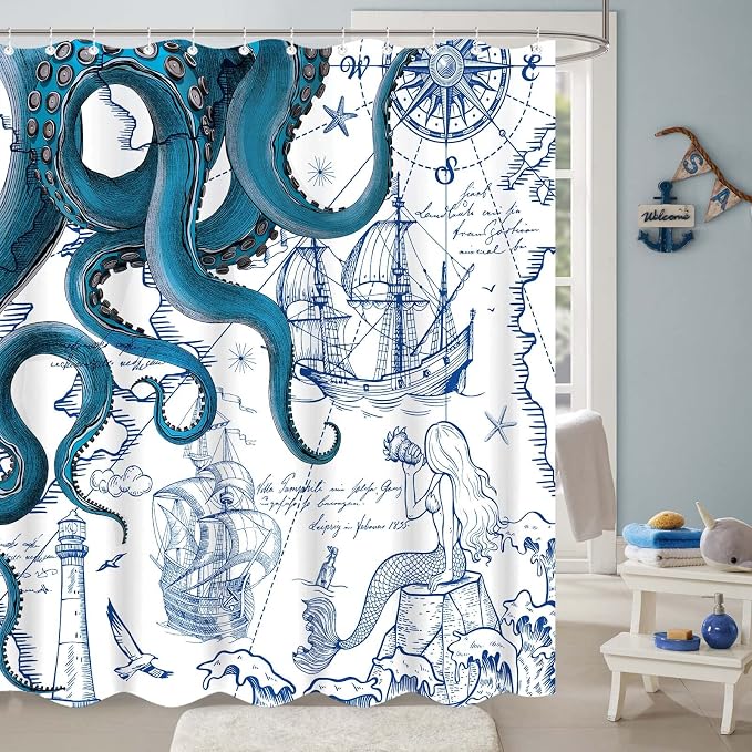 Fungarth Blue Nautical Octopus Shower Curtain Navy Mermaid Funny Ocean Kraken Shower Curtains for Bathroom Cool Anchor Coastal Map Waterproof Fabric Bath Curtain Decor with Hooks (Blue, 72” x 72”)