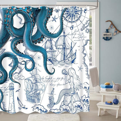 Fungarth Long Blue Nautical Octopus Shower Curtain Navy Mermaid Funny Ocean Kraken Shower Curtains for Bathroom Cool Anchor Coastal Map Waterproof Fabric Bath Curtain with Hooks (Blue, 72” x 78”)