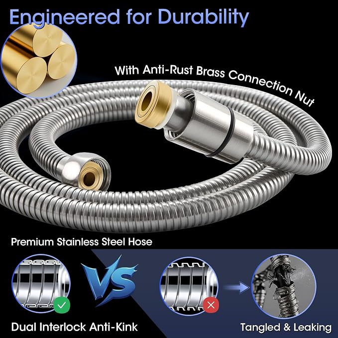 Shower Head with Handheld, High Pressure 10 Spray Modes, Brushed Nickel | Built-in Pause Function, Power Wash Mode, Anti-Clog Nozzles, 71 Inch Stainless Steel Hose, Adjustable Overhead Bracket
