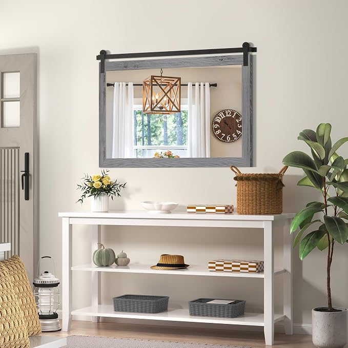 COGOOD Farmhouse Bathroom Mirrors for Over Sink - 30 x 45 Grey | Rustic Barn Door Wood Framed Vanity Mirror for Entryway, Living Room, Bedroom, Dresser Wall Decor