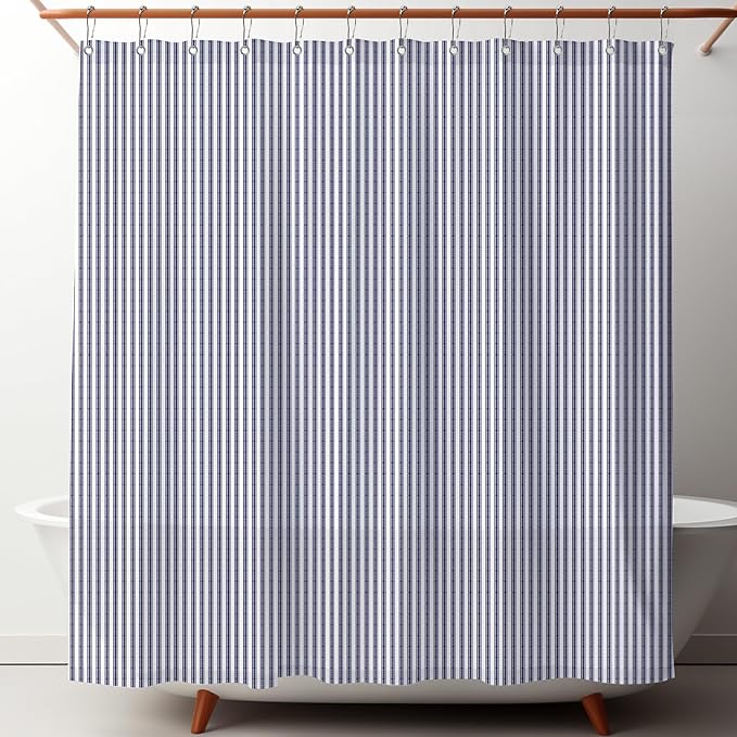 Stripe Cotton Toile Shower Curtain Ticking Stripe Woven Print Curtain Bathroom Decor for Traditional and Contemporary Style Kitchen Bath Home(Navy Blue and White,72 x 72 Inches)