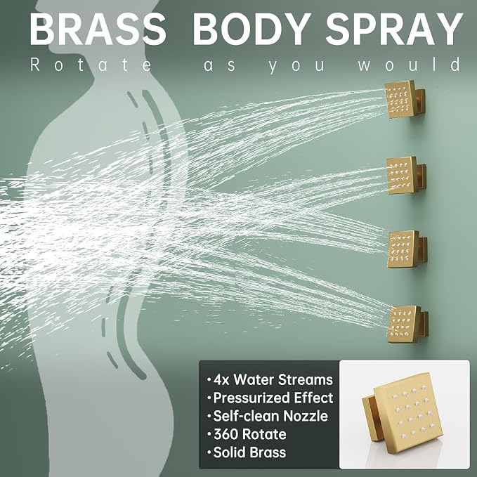 Hoimpro 12 Inch Rainfall Shower Faucet with 4 Full Body Shower Jet Fixtures Combo, Wall Mounted Shower System Set with Rain Mixer Shower Head and 2 in 1 Spray Handheld Showerhead, Brushed Gold