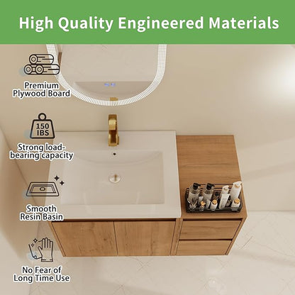 36" Bathroom Vanity Set, 36 Inch Modern Floating Vanity with 2 Doors and 2 Drawers, Single Resin Sink Wall Mount Cabinet Set, Modern Bathroom Cabinet with Sink, Soft-Closed Door and Drawer