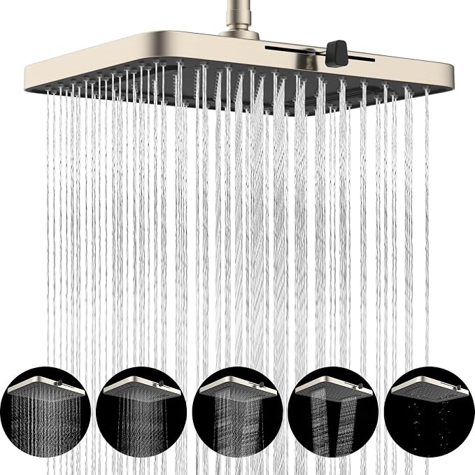 Hibbent cUPC Certified 5 Spray Modes Shower Head, 13'' High Pressure Large Rainfall Shower Head, High Flow Waterfall Bathroom Fixed Showerheads, Adjustable Swivel Ball Joint, Brushed Nickel