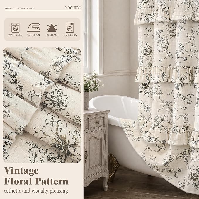 Farmhouse Floral Ruffle Shower Curtain for Bathroom | Vintage Black Linen Pattern Shower Curtains , Tan Taupe,72Wx72H