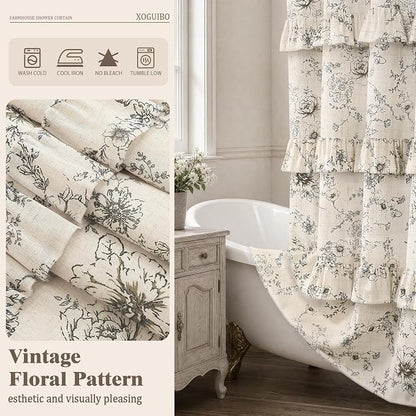 Farmhouse Floral Ruffle Shower Curtain for Bathroom | Vintage Black Linen Pattern Shower Curtains , Tan Taupe,72Wx72H