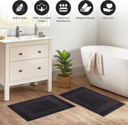 Superior Heavyweight Cotton Bath Mats, Bath Rugs For Bathroom Accessories, Washable Rug For Shower, Bath, Toilet, Modern Decor, No Backing, Luxury Hotel And Spa Quality, Set of 2, 22" x 35", Black