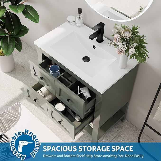 eclife 30" Bathroom Vanity with Sink Combo, Modern Painted Vanities Cabinet with Big Drawers, Opening Bottom Shelf, Raised Foot Pads, Include Undermount White Sink, Faucet & Drain, Green