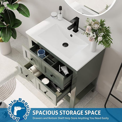 eclife 30" Bathroom Vanity with Sink Combo, Modern Painted Vanities Cabinet with Big Drawers, Opening Bottom Shelf, Raised Foot Pads, Include Undermount White Sink, Faucet & Drain, Green