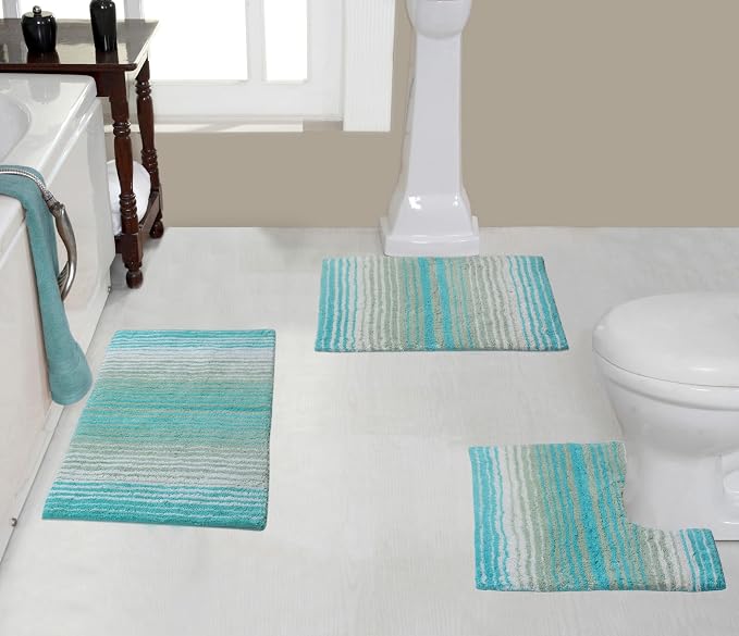 Home Weavers 100% Cotton Gradiation Collection Bathroom Décor, Washable Rug, Bathroom Mat, Kitchen Mat, Bathroom Rug Set, Bath Mat Set, Bath Floor Mat Non Slip, 3 Piece Set with Contour, Turquoise
