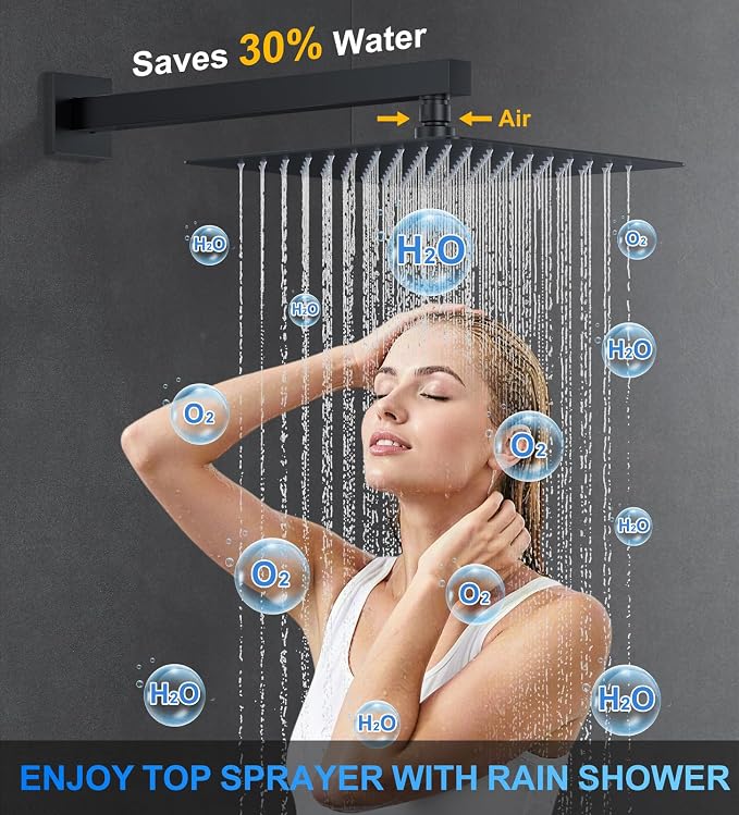 WOINDO Shower Faucet Set, 10" Wall Mount Rainfall Shower System with 2 Rain Shower Head and Multi-function Handheld Head Push Button Diverter Shower Faucet Trim Kit
