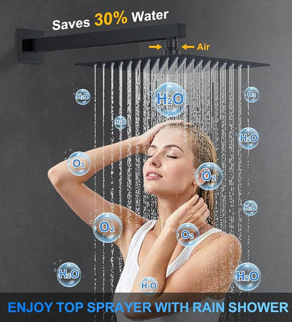 WOINDO Shower Faucet Set, 10" Wall Mount Rainfall Shower System with 2 Rain Shower Head and Multi-function Handheld Head Push Button Diverter Shower Faucet Trim Kit