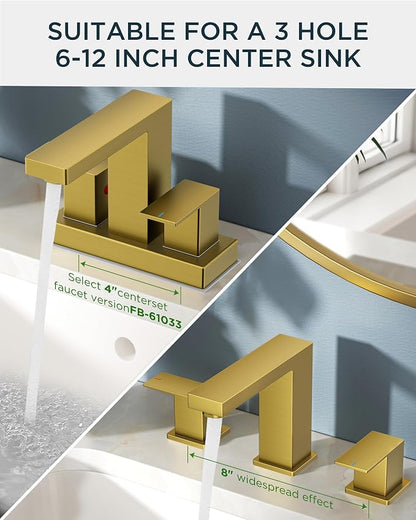 FORIOUS 2 Pack 8" Widespread Gold Bathroom Faucet 3 Hole, Commercial Faucet | 2 Handle Wholesale Square Brushed Gold Bathroom Sink Faucet 3 Holes, Vanity Faucet with Drain, Supply Line and 1.2gpm Aerator
