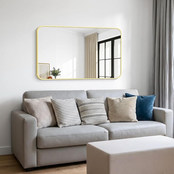 BONEWEI Gold Bathroom Mirror,24x40 inch Wall Mirror for Bathroom Wall Mounted,Round Rectangle Mirror for Bathroom Over Sink,Modern Frame for Home Decor Living Room,Bedroom Entryway,Horizontal/Vertical