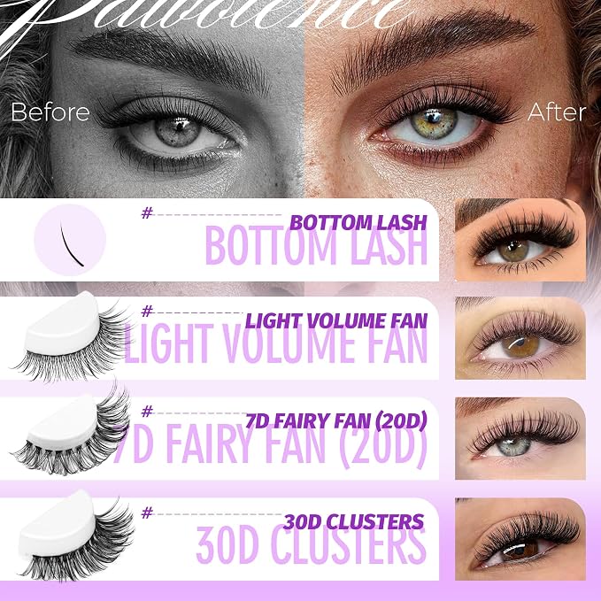 Lash Extension Kit Lash Clusters Multi-types Individual Lashes Natural Bottom, Light Volume, 20D 30D Clusters Eyelash Extension Kit with Lash Bond and Seal, Lash Applicator for Self Use