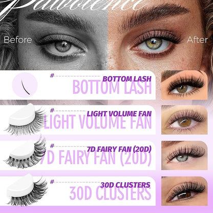 Lash Extension Kit Lash Clusters Multi-types Individual Lashes Natural Bottom, Light Volume, 20D 30D Clusters Eyelash Extension Kit with Lash Bond and Seal, Lash Applicator for Self Use