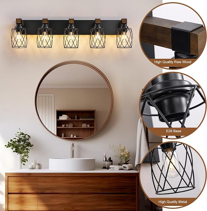 Farmhouse 5-Light Wood Bathroom Vanity Light, Black Metal Cage Shade | Mounted Over Mirror, Industrial Rustic Style, Ideal for Bathroom, Bedroom, Hallway & Living Room, Easy To Install