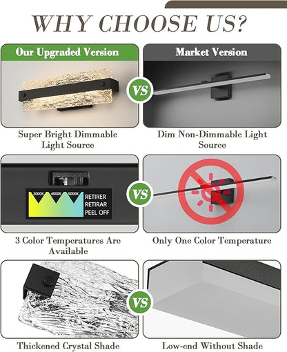 Modern Black Bathroom Vanity Light, 16.5 Inch 10W Dimmable LED Bathroom Light Fixture Over Mirror, Crystal Bar Wall Sconce Lighting for Bath, 3CCT, OS-MM5001-2BK