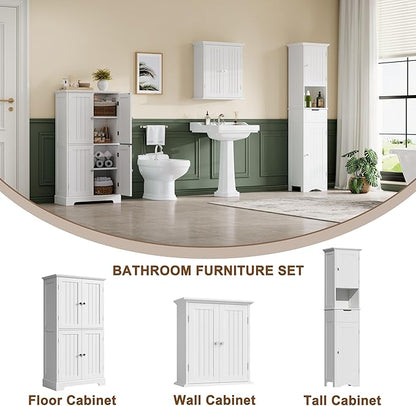 ChooChoo Bathroom Floor Cabinet, Modern Bathroom Storage Cabinet with 4 Doors and Adjustable Shelves, Freestanding Cupboard for Living Room, White