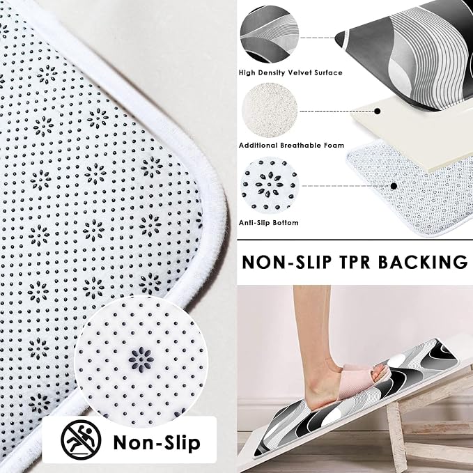 Bathroom Sets with Shower Curtain and Rugs, 4 Pcs Geometric Stripes | Abstract Modern Wavy Bathroom Decor Set with Toilet Lid Cover, Non-Slip Bath Mats and Accessories 12 Hooks