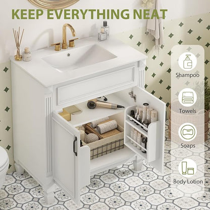 Sweetcrispy 30" Bathroom Vanity with Sink, Bathroom Storage Vanity Sink with 2 Doors, Farmhouse Wooden Free Standing Bathroom Cabinet with Sink, Easy Assembly, NO Mirror Faucet, Ivory & White