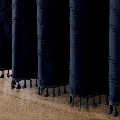 Extra Long Navy Blue Boho Shower Curtain, Chic Tufted Chevron Striped Textured Cloth Fabric Shower Curtains with Tassel for Bathroom, Soft Hotel Style Farmhouse, Machine Washable, 72x96
