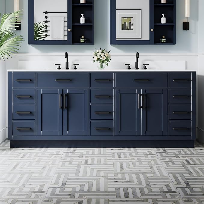 84-Inch Bathroom Vanity with Double Sinks W/ 4 Doors & 12 Drawers & 2 Flip Drawers, Navy Blue Vanity W/Matte Black Handles