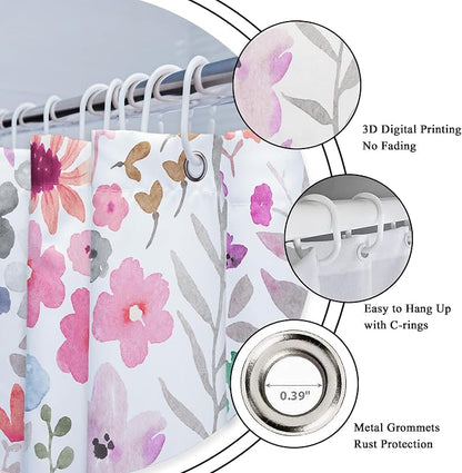 Extra Long Purple Floral Watercolor Colorful Bathroom Shower Curtain Set | 72"W x 84"H Boho Cute; waterproof HD print, quick-dry fabric with 12 hooks for easy hanging.