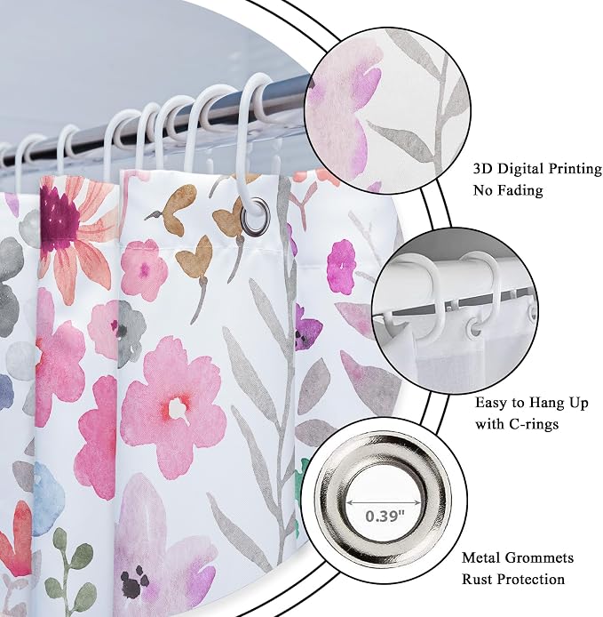 Hot Pink Floral Purple Colorful Cute Funny Art Bathroom Shower Curtain Set | 72"W x 72"H Botanical Leaves; waterproof HD print, quick-dry fabric with 12 hooks for easy hanging.