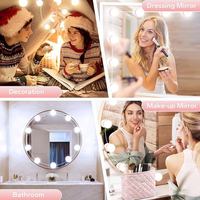 LED Vanity Lights For Mirror, Pink Vanity Light Stick on with 10 Bulbs | 3000K 4000K 6500K & 10 Level Brightness Adjustable USB Cable Hollywood Mirror Lights for Makeup Dressing Room Bathroom