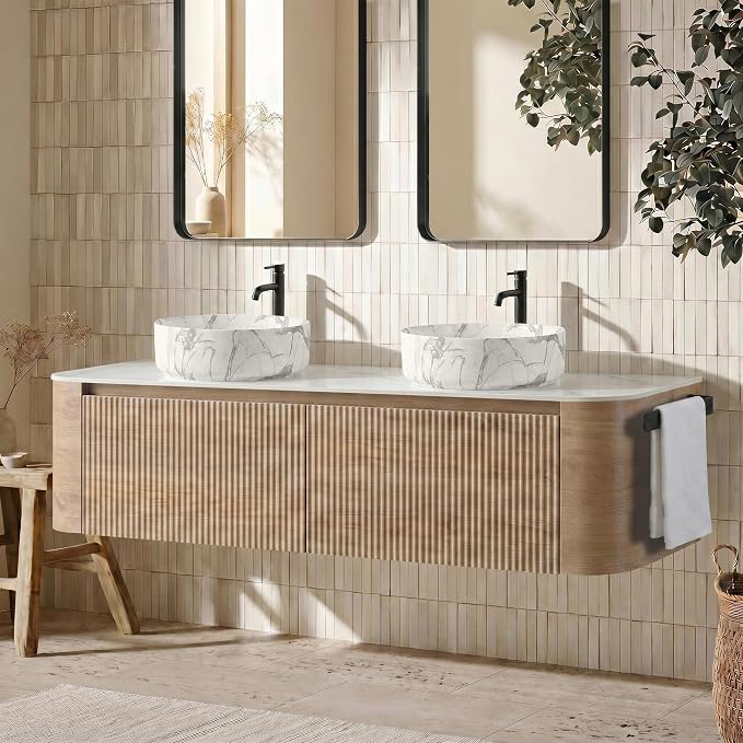 60" Floating Bathroom Vanity with Carrara Finish Sink, Honey Oak | Pre-Assembled Fluted Wall Mounted Double Sink Vanity with Sintered Stone Countertop, Soft-Close Drawers & Towel Rack
