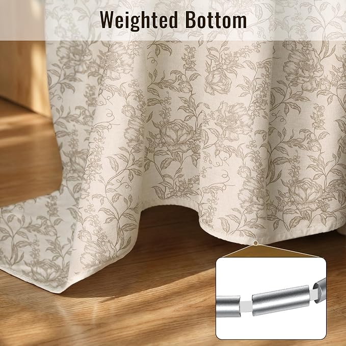 Farmhouse Beige Floral Shower Curtain with 12 Clear Rings 72"W x 72"L | Boho Fabric Faux Linen Shower Curtain Set, Vintage Cottagecore Shower Curtain for Bathroom
