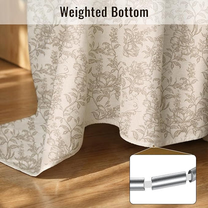 Farmhouse Beige Floral Shower Curtain with 12 Clear Rings 72"W x 72"L | Boho Fabric Faux Linen Shower Curtain Set, Vintage Cottagecore Shower Curtain for Bathroom