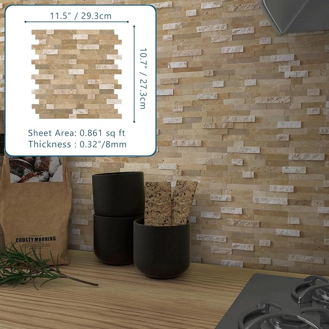 SUNWINGS 5-Sheet Peel and Stick Mosaic Natural 3D Stone Self Adhesive Marble Tiles, 11.5" x 10.7" Stick on Backsplash for Kitchen Bathroom Fireplace Vanity, Beige