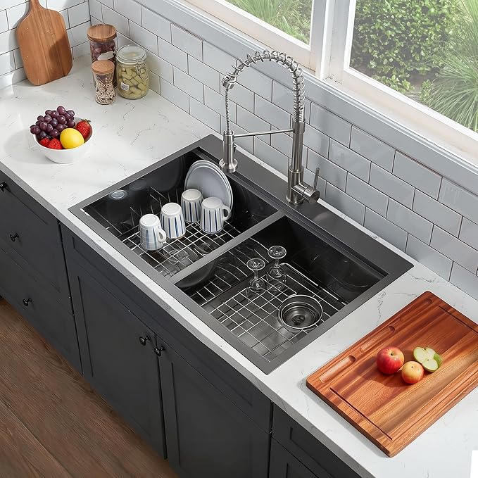 Comllen 33''× 22''× 10'' Kitchen Sink 16-gauge 304 stainless Gunmetal Black, Stainless Steel Drop in Double Basin Kitchen Sinks with Accessories