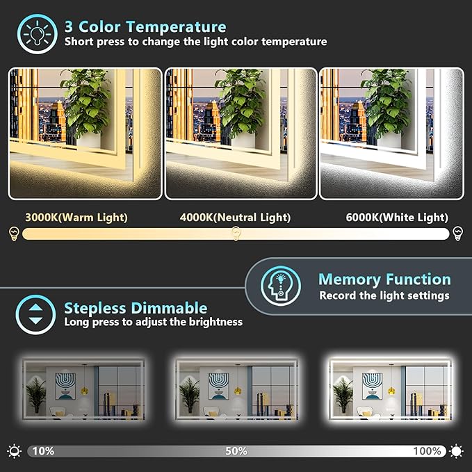 72x36 LED Bathroom Mirror with Lights, Backlit and Front Lit Anti-Fog Lighted Vanity Mirrors for Bathroom Wall, Dimmable, 3-Color Light, Memory, Shatter-Proof, HD Tempered Glass, CRI＞90