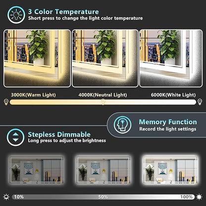72x36 LED Bathroom Mirror with Lights, Backlit and Front Lit Anti-Fog Lighted Vanity Mirrors for Bathroom Wall, Dimmable, 3-Color Light, Memory, Shatter-Proof, HD Tempered Glass, CRI＞90