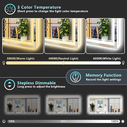 77x36 LED Bathroom Mirror, Backlit & Front Lit Lighted Mirror | Anti-Fog Vanity Mirror with Lights, 3 Color Dimmable, Memory, Shatterproof, Tempered Glass, CRI95, UL Listed, Wall Mounted