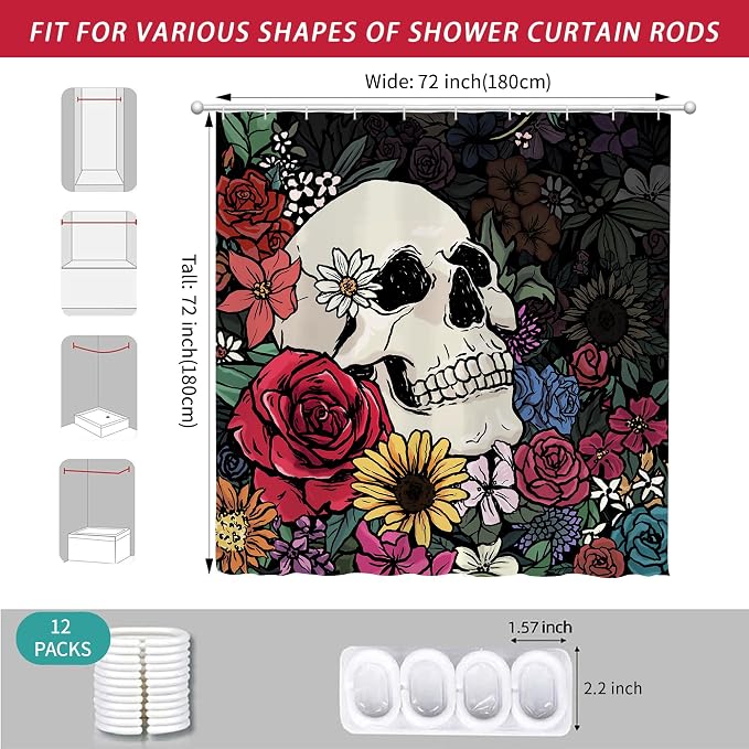 Halloween Gothic Hippie Skull Skeleton Shower Curtain for Bathroom 72W*72H Inch Scary Spooky Rustic Horror Vintage Floral Bathtub Hallowmas Decor Waterproof Polyester Fabric Set with 12 Hooks