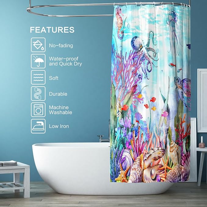 Ocean Shower Curtain, Kids Shower Curtain for Bathroom 72x72 | Marine Life Beach Shower Curtain Set with Hooks Quick-dry Waterproof Machine Washable Bath Curtains